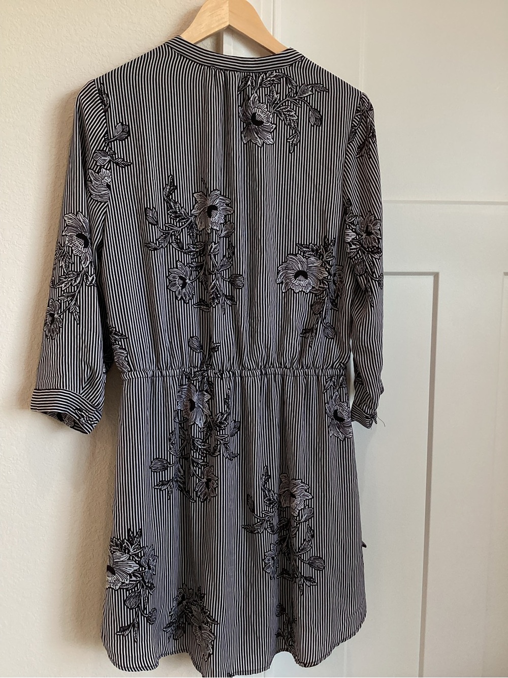 DR2 Long Sleeve Mini Dress Elastic Waist Large Black Stripe Floral - Picture 8 of 12